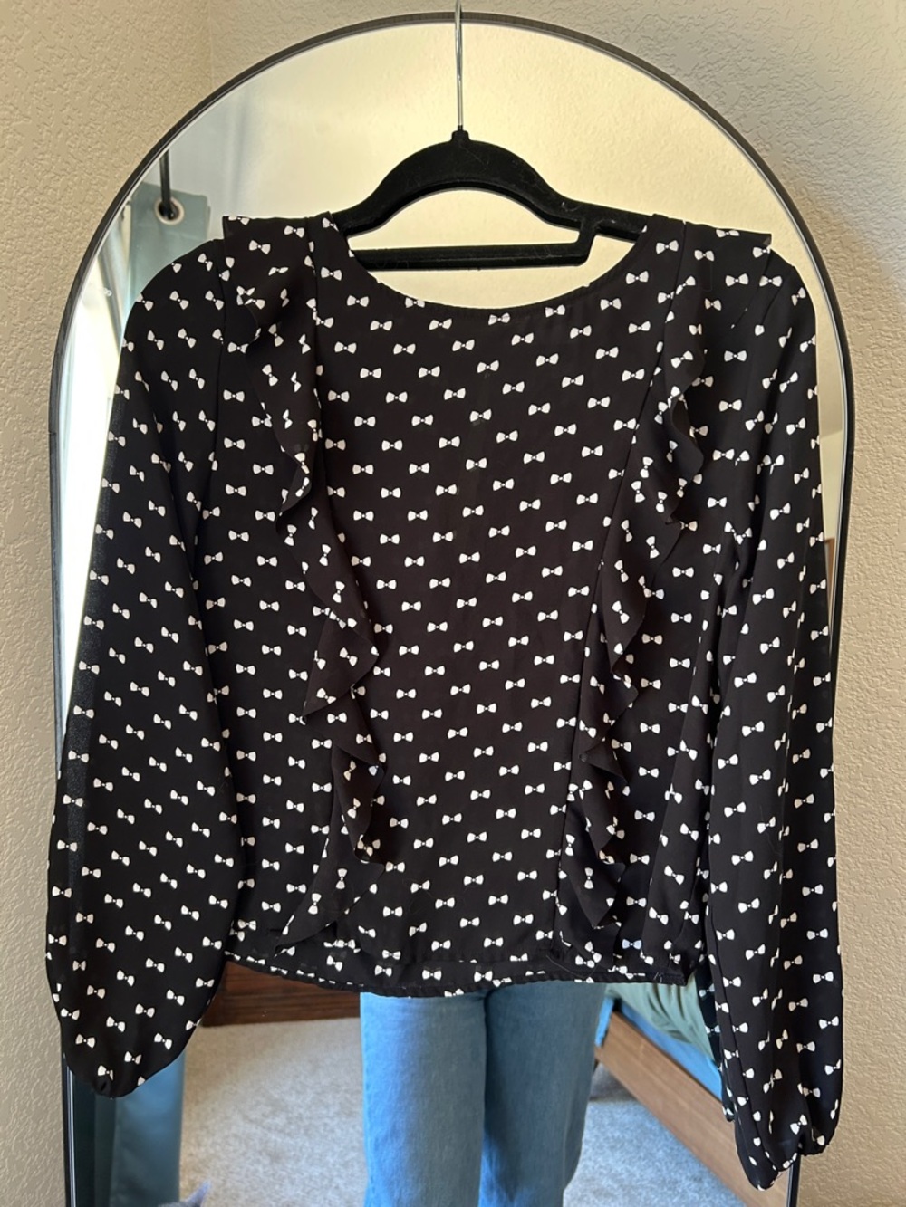 Divided by H&M Women's Black Blouse with White Bow Print and Ruffle Detail